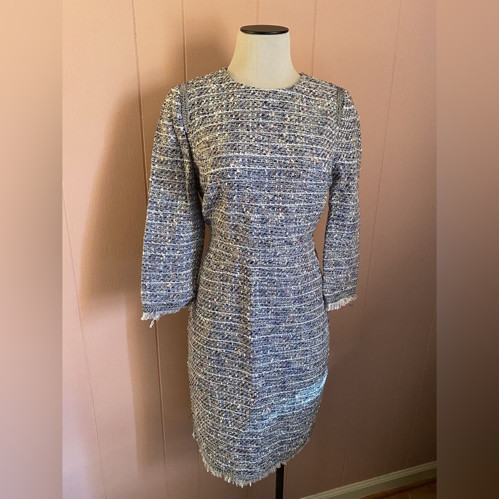 NWT J.Crew Long Sleeve Navy Multicolor Tweed Dress with Fringe Sz 00